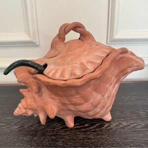 Signed Ornate Terra Cotta Lidded Conch Shell Tureen with Spoon